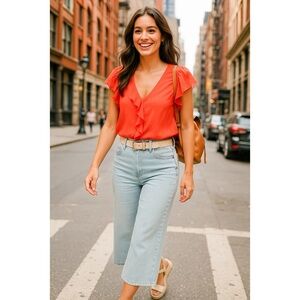 Maeve Womens Red Silk Ruffle V-Neck Blouse Size 0 Romantic Chic Summer